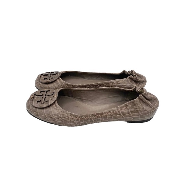 Tory Burch Croc Embossed Leather Reva Scrunch Ballet Flats Beige - Picture 5 of 6